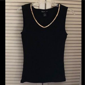 Style & Co. Black V Neck Sleeveless Top with Gold Trim Medium